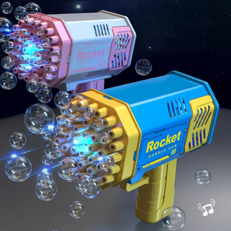 Pistolet à bulles Rocket Bubble Gun, pistolet à bulles à 40 trous, lumières colorées, équipé de 4 bouteilles de liquide à bulles, cadeau, fête, jeu, pour adultes et enfants