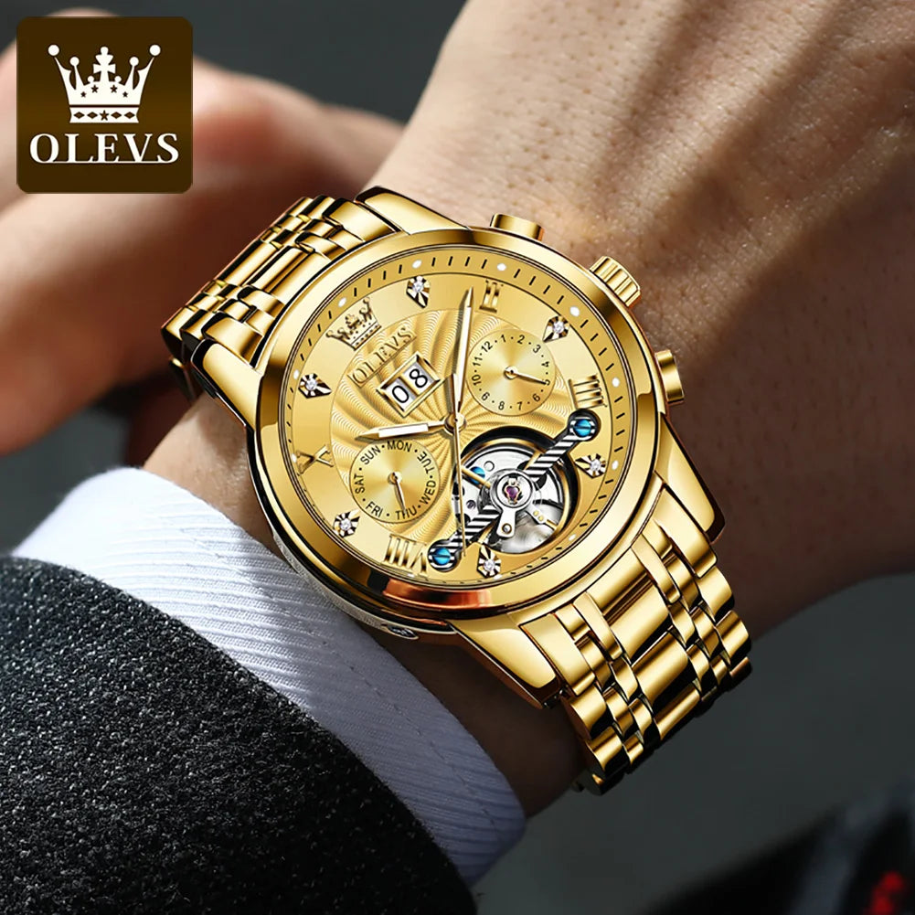 OLEVS Top Brand Watch for Men Luxury Golden Automatic Mechanical Men's Watches Original Stainless Steel Skeleton Man Wristwatch