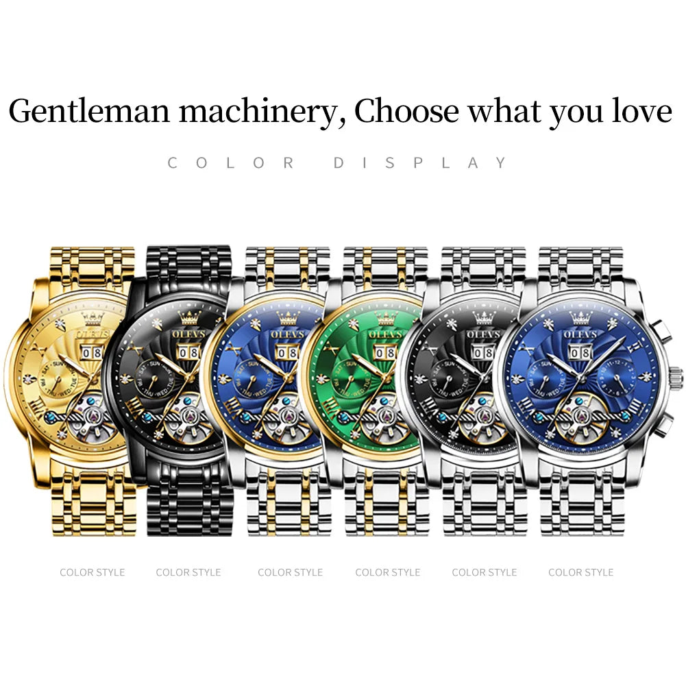 OLEVS Top Brand Watch for Men Luxury Golden Automatic Mechanical Men's Watches Original Stainless Steel Skeleton Man Wristwatch