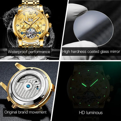 OLEVS Top Brand Watch for Men Luxury Golden Automatic Mechanical Men's Watches Original Stainless Steel Skeleton Man Wristwatch