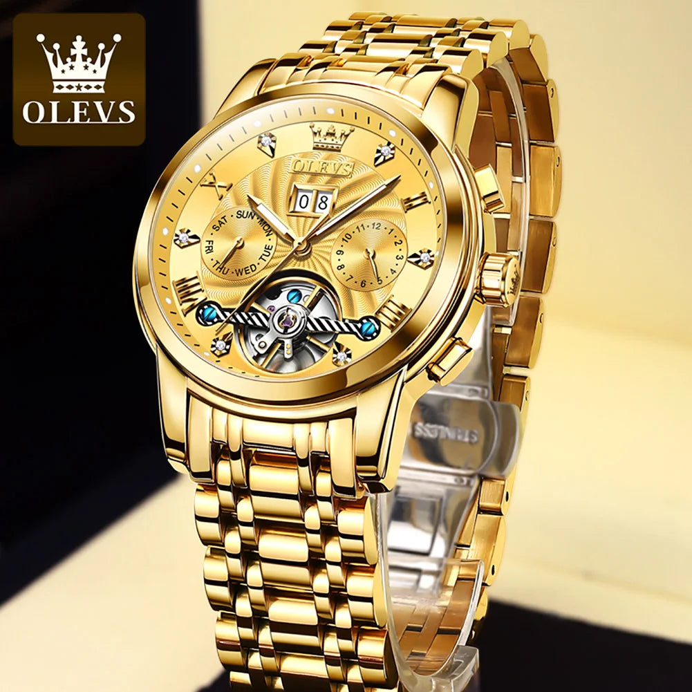 OLEVS Top Brand Watch for Men Luxury Golden Automatic Mechanical Men's Watches Original Stainless Steel Skeleton Man Wristwatch